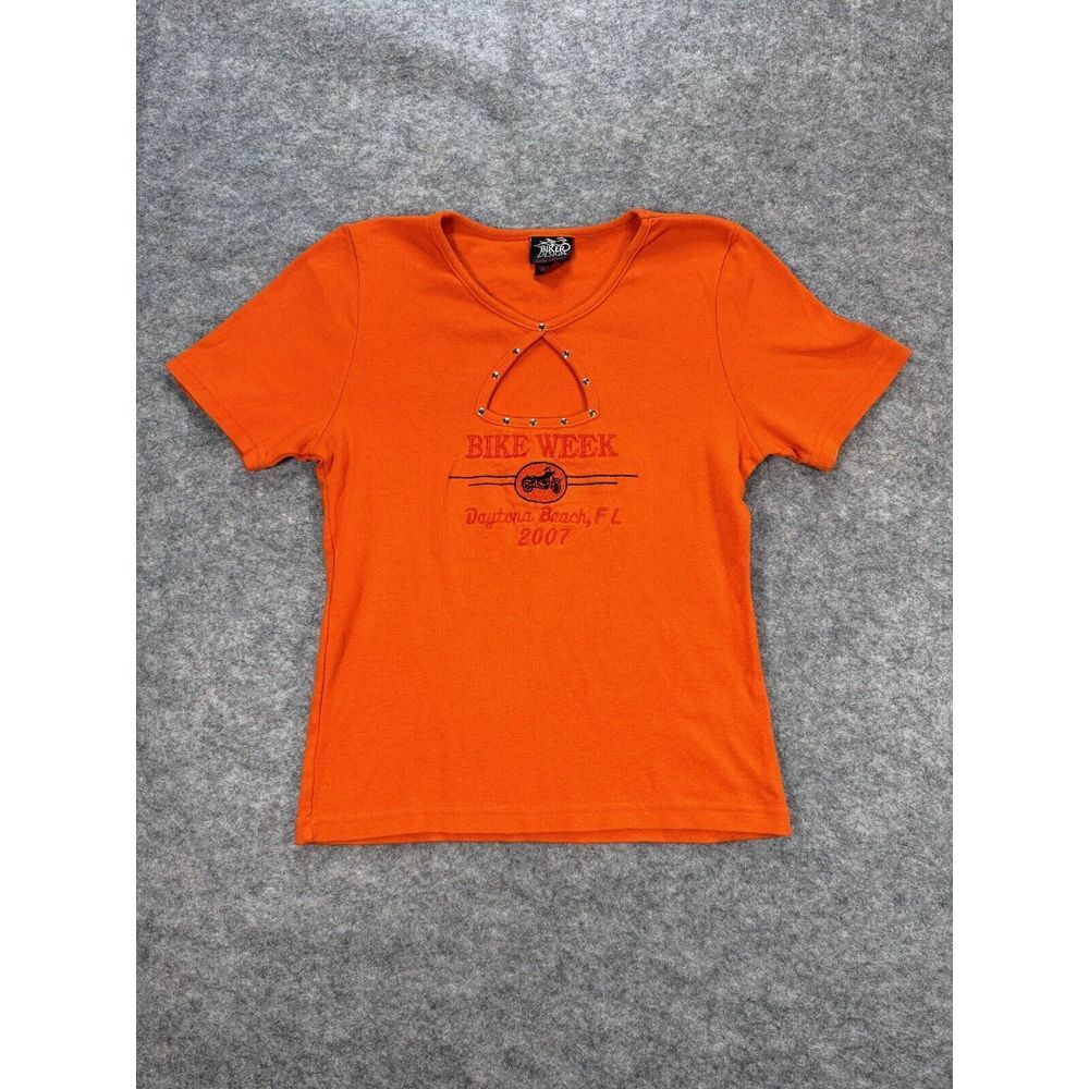 Biker Design Top Women‎ XL Orange Motorcycle Basic Studded Keyhole Bling